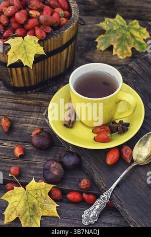 Still life with yellow cup of tea, sipontum, leaves and chestnuts Stock Photo
