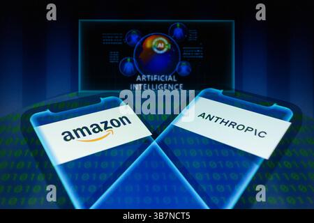 March 27, 2024, Asuncion, Paraguay: Amazon and Anthropic logos displayed on smartphone backdropped by visual representation of artificial intelligence and binary code digits. Amazon said today that it made an additional $2.75 billion investment in Anthropic. The company announced an initial $1.25 billion investment in September, and said at the time that it would invest up to $4 billion. (Credit Image: © Andre M. Chang/ZUMA Press Wire) Stock Photo