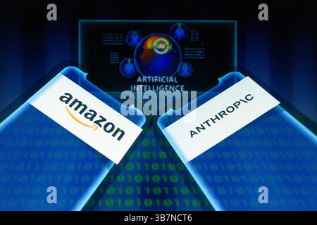 March 27, 2024, Asuncion, Paraguay: Amazon and Anthropic logos displayed on smartphone backdropped by visual representation of artificial intelligence and binary code digits. Amazon said today that it made an additional $2.75 billion investment in Anthropic. The company announced an initial $1.25 billion investment in September, and said at the time that it would invest up to $4 billion. (Credit Image: © Andre M. Chang/ZUMA Press Wire) Stock Photo