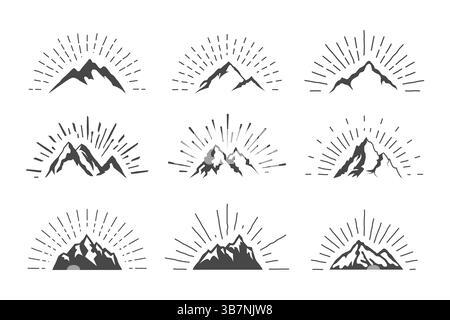 Set of nine mountain silhouette icons with sunburst ray design. Minimalist outdoor graphics Stock Vector