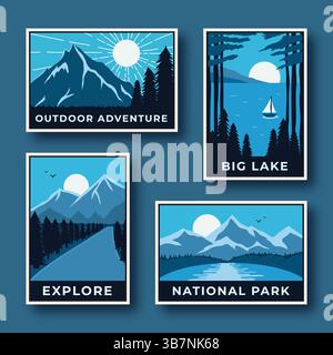 Four vector badges with mountain, lake, forest, and road illustrations in vintage style Stock Vector