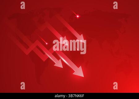 Red arrows pointing downward over a world map symbolize global financial decline Stock Vector