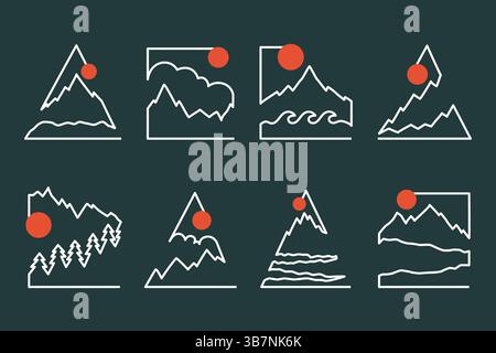 Set of eight minimalist line icons with mountain landscapes with red sun elements Stock Vector