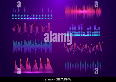 Set of colorful music waveforms and equalizer graphics on purple background Stock Vector