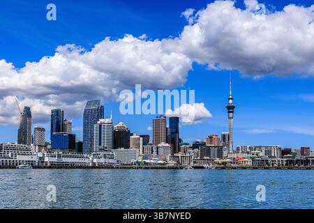 distinctive skyline of auckland city centre sky tower and core of tall ...