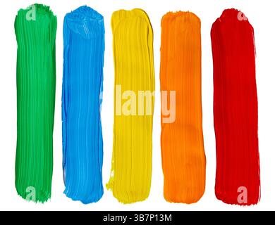 Real brush paint strokes backgrounds in green, blue, yellow, orange and red isolated on white background. High resolution image. Stock Photo