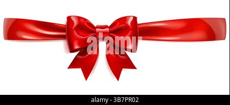 A vibrant vector illustration with beautiful large red shiny bow with horizontal ribbon and soft shadow on white background, perfect for gift wrapping Stock Vector