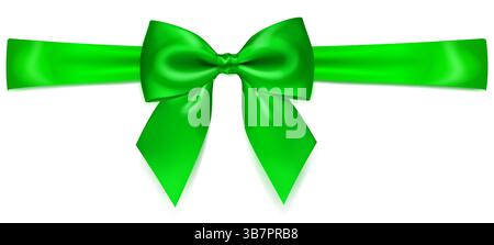A vibrant vector illustration with beautiful large green shiny bow with horizontal ribbon and soft shadow on white background, perfect for gift wrappi Stock Vector