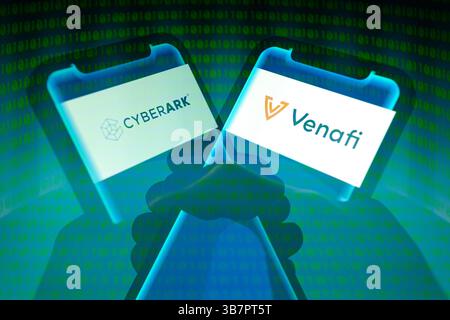 May 20, 2024, Asuncion, Paraguay: CyberArk and Venafi logos displayed on smartphone backdropped by binary code digits. CyberArk (Nasdaq: CYBR), the identity security company, today announced it has signed a definitive agreement to acquire Venafi, a machine identity management, from Thoma Bravo. CyberArk intends to acquire Venafi for an enterprise value of approximately $1.54 billion, approximately $1 billion in cash and $540 million in shares. (Credit Image: © Andre M. Chang/ZUMA Press Wire) Stock Photo