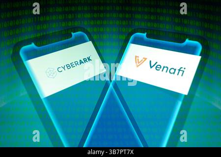 May 20, 2024, Asuncion, Paraguay: CyberArk and Venafi logos displayed on smartphone backdropped by binary code digits. CyberArk (Nasdaq: CYBR), the identity security company, today announced it has signed a definitive agreement to acquire Venafi, a machine identity management, from Thoma Bravo. CyberArk intends to acquire Venafi for an enterprise value of approximately $1.54 billion, approximately $1 billion in cash and $540 million in shares. (Credit Image: © Andre M. Chang/ZUMA Press Wire) Stock Photo