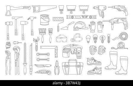 Building tools construction equipment cartoon doodle set. Hardware for repair works construction industry collection. Tools for home repairs tool box kit mechanic plumber linear flat isolated vector Stock Vector