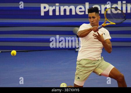 Michael Mmoh, an American tennis player, during a match at the Hong ...