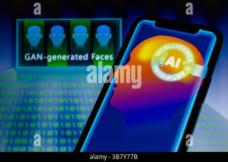 January 14, 2024, Asuncion, Paraguay: Visual representation of artificial intelligence (AI) is displayed on a smartphone backdropped by faces images, the words ''GAN-generated Faces'', and binary code digits. Generative adversarial network (GAN) have led to the generation of realistic face images, which have been used in fake social media accounts, as well as books authors, whose identities could not be verified. (Credit Image: © Andre M. Chang/ZUMA Press Wire) Stock Photo