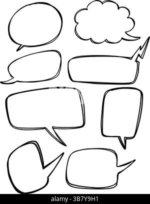 Collection of black and white hand-drawn speech bubbles in various shapes, ideal for comics and graphic design projects Stock Vector