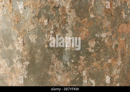 close-up of dirty worn out metal container surface used for carrying cement sand or mortar at construction sites, abstract background, rough surface Stock Photo