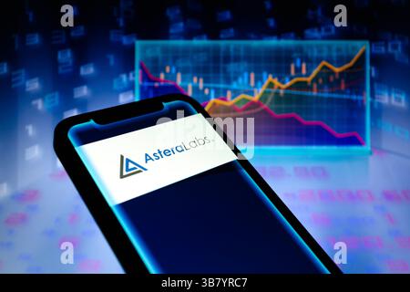 March 21, 2024, Asuncion, Paraguay: Logo of Astera Labs, a U.S.-based semiconductor company that provides connectivity solutions for AI and cloud infrastructure, is displayed on a smartphone backdropped by visual representation of stock and line charts. (Credit Image: © Andre M. Chang/ZUMA Press Wire) Stock Photo