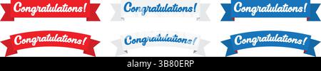 Set of Congratulations Banners in Blue, Red, and White Ribbon Variations. Transparent Background Stock Vector