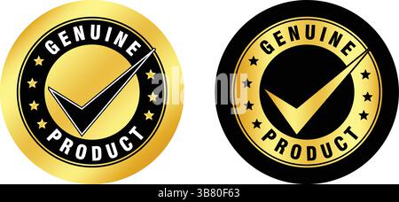 golden and black circular badge icons with check mark symbol and text saying genuine product, used for authenticity and approval Stock Vector
