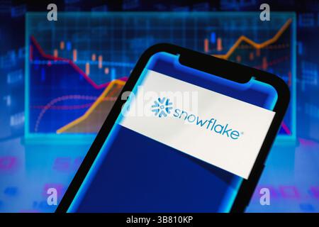 February 29, 2024, Asuncion, Paraguay: Logo of Snowflake (NYSE: SNOW), the data cloud company, is displayed on a smartphone backdropped by visual representation of stock and line charts. (Credit Image: © Andre M. Chang/ZUMA Press Wire) Stock Photo
