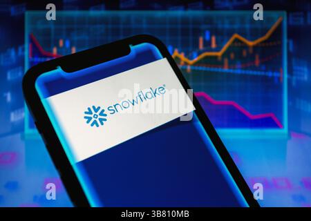 February 29, 2024, Asuncion, Paraguay: Logo of Snowflake (NYSE: SNOW), the data cloud company, is displayed on a smartphone backdropped by visual representation of stock and line charts. (Credit Image: © Andre M. Chang/ZUMA Press Wire) Stock Photo