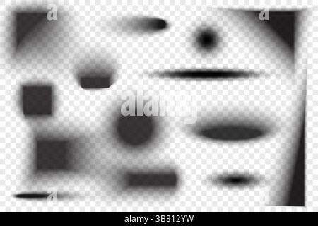 Circle drop shadows with blurred effect. Realistic black oval transparent shapes. Circular gradient shades on floor surface. Dark soft edge ellipses Stock Vector