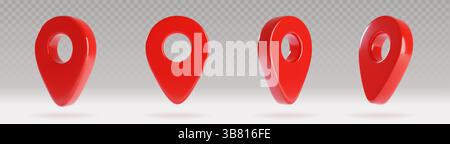 3D red map pointer pin icons set - glossy location markers with transparent shadows isolated on gray background. Shiny drop shaped navigation symbols for GPS, travel, delivery service apps UI design. Stock Vector