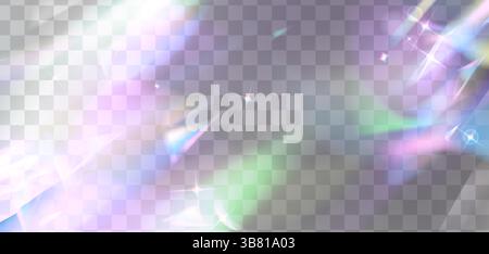Rainbow prism flare effect. Iridescent light spectrum refracted through transparent surface. Glittering holographic colors blend. Abstract sparkling, enchanting vivid background for elegant design. Stock Vector