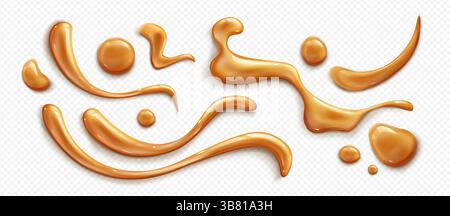 Caramel sauce dribbles and syrup splashes on transparent background. Liquid brown toffee flow trails, gooey candy stream blobs. Smooth flowing golden maple glaze drops, sweet honey topping elements Stock Vector