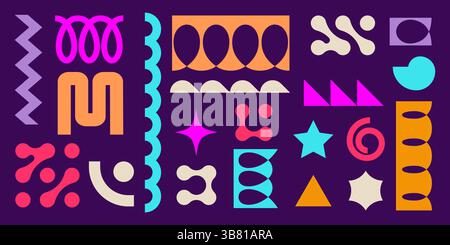 Spring coil and metaball shapes set in vibrant neon colors. Flat vector illustration elements of abstract wavy lines, curls, rounded rectangles, ovals, stars. Playful bright graphic design pack. Stock Vector