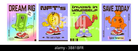 Money retro character poster set with slogans - dollar bill mascot, bitcoin golden coin, purse cartoon, pouch personality. Vibrant pastel gradient backgrounds, whimsical finance literacy banners. Stock Vector