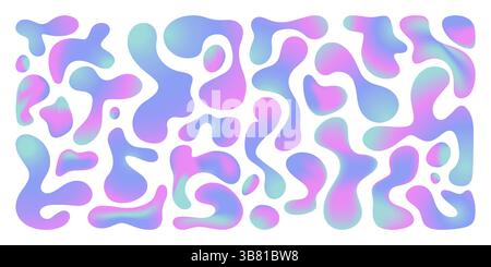 Flowing liquid abstract shapes in vibrant purple and pink gradient colors. Surreal morphing organic blobs with fluid edges. Funky swirling Memphis design elements for trendy playful graphics. Stock Vector