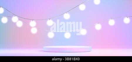Cylinder podium stage with string light bulbs on gradient purple, pink and blue holographic background. Blank 3d pedestal display with glowing bokeh effect for product showcase or event decoration. Stock Vector