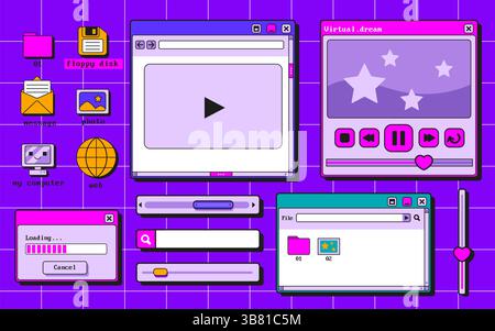 Retro user interface collection - colorful neon graphic elements screen windows, buttons, sliders and icons. Cyberpunk gui templates, bright web design components. Old school computer controls set. Stock Vector
