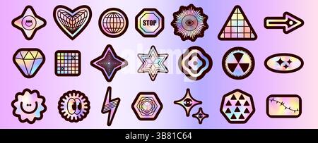 Y2K holographic sticker pack with geometric shapes, crystals, flowers - vibrant iridescent gradients background. Retro 90s aesthetic icons. Fun sparkly decals for nostalgic vintage 2000s design. Stock Vector