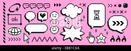 Pixel speech bubble set - 8 bit style chat boxes, dialogue balloons, emoticon icons on pink background. Retro collection of pixelated squares, circles, hearts and thought clouds. Nostalgic elements Stock Vector