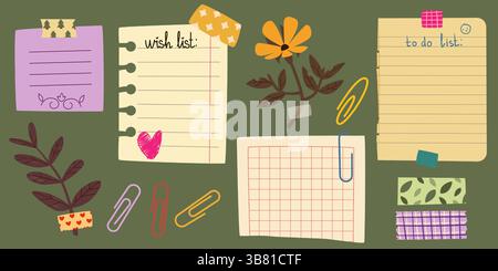 Notebook paper notes and flowers on green planner board background. Vector cartoon illustration of blank memo pages for message, wish or to-do list attached with creative stickers, color paperclips Stock Vector