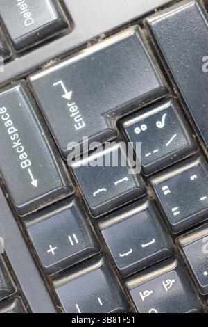 This photo reveals a close-up of a black, slightly dirty computer keyboard highlighting keys such as Enter, Backspace, Delete, plus/minus. The keys fe Stock Photo