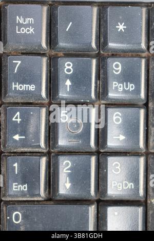 The image captures the upper-right portion of a heavily used computer keyboard, focusing on its numeric keypad, featuring black keys with white letter Stock Photo
