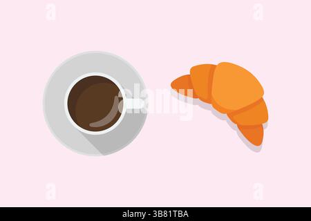 Top view of a cup of coffee with croissant. Vector illustration Stock Vector