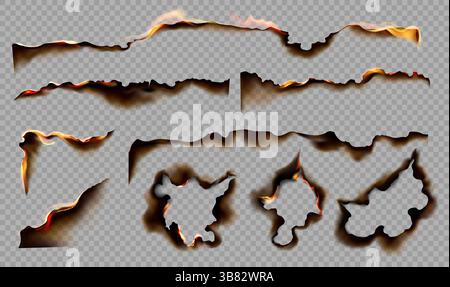 Burning paper borders. Realistic burning paper edges with red flame, frame with charred burnt edge, black ash and fire. Scorched and smoldering holes. 3D vector set. Stock Vector