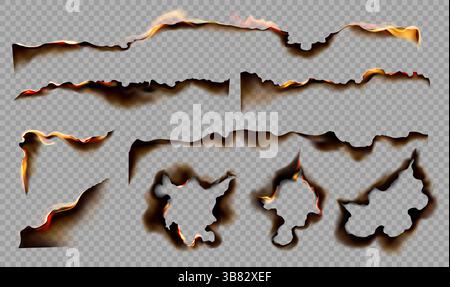 Burning paper borders. Realistic burning paper edges with red flame, frame with charred burnt edge, black ash and fire. Scorched and smoldering holes. 3D vector set. Stock Vector