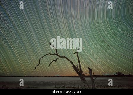 Equatorial star trails recorded at Yenning Lakes, Western Australia Stock Photo