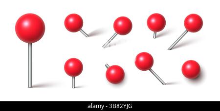 3d red pin. Plastic map push pins, point markers, thumbtacks with needle and round head, pushpin for paper notice, position or place pointer with shadows. Vector isolated set. Stock Vector
