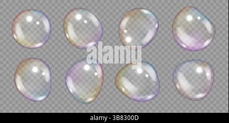 Soap bubbles. 3D realistic soapy air transparent iridescent spheres, bath foam texture elements in rainbow color. Water bubble with reflection vector isolated set. Stock Vector
