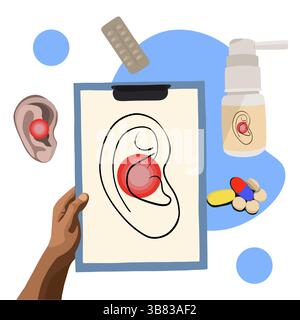 Vector isolated illustration of diagnosing ear pain.Ear diseases. Diagnosis of the disease. Otitis. Otolaryngologist. Stock Vector