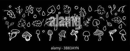 White crayon autumn vector set with leaves, mushrooms, forest berry and raindrops on black bg for children, kindergarten crafts, back to school Stock Vector