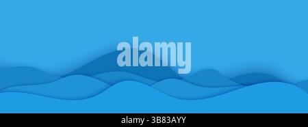 Wavy border in paper cut style. 3d abstract background with cut out deep waves modern cover. Blue color layers with smooth shadow papercut art. Vector Stock Vector