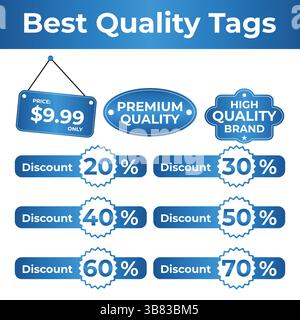 Blue Discount Sale Tags Collection Price Label Design for Offers, Promotions, premium quality, Deals & Clearance Marketing Stock Vector