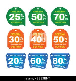 Colorful Discount Label Set and Sale Offer Tags from 20%, 30%, 40%, 50%, 60%, 70%, 80% Off for E-commerce & Promotions Stock Vector