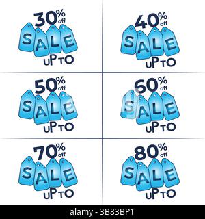 Blue Discount Tags Vector Set Up to 30%, 40%, 50%, 60%, 70%, 80% Off Sale Badges for Promotions & Marketing Stock Vector